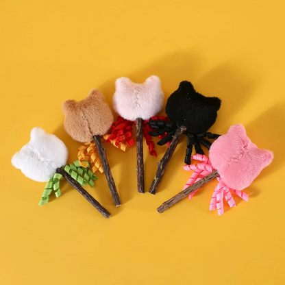Moo - Curled-Ribbon Bell Cat-Face Stick Toy