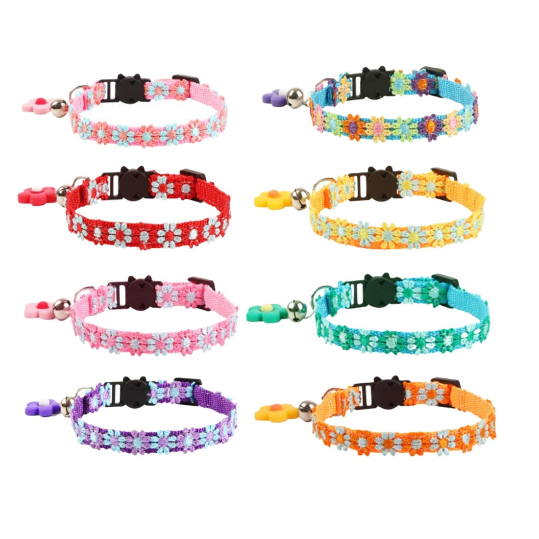 Mokka Rainbow Daisy Pattern Cat Collar laid flat showing colorful daisy design
