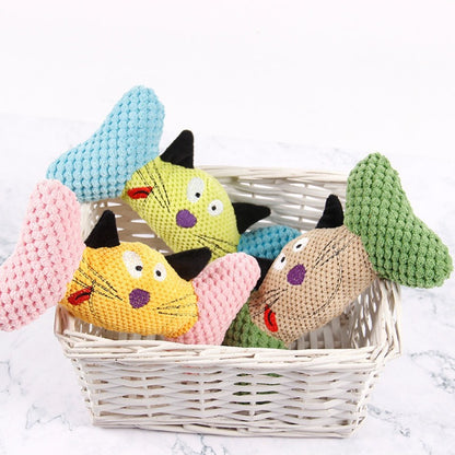 Colorful cat character plush toy with bright multicolor design on white background