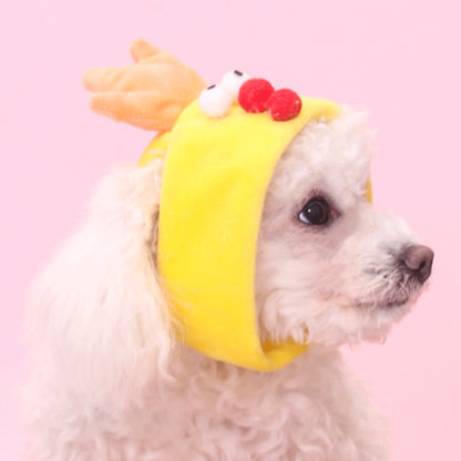 Animated yellow chick shaped pet hat spinning on white background