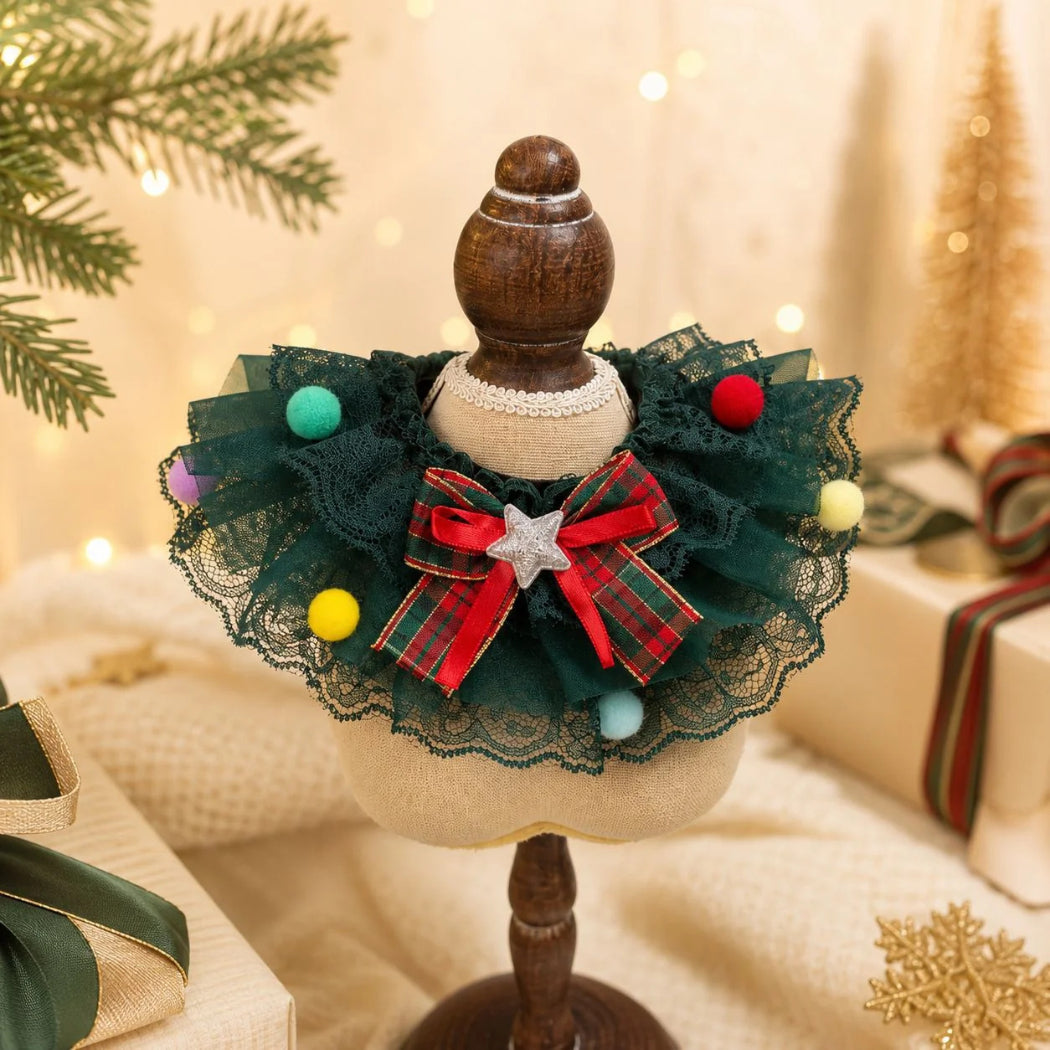 Mokka Christmas Lace Pet Collar with Bow