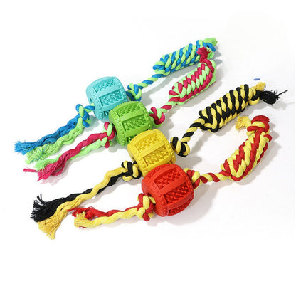 Petkin durable dog chew toy made of intertwined rope and rubber ball