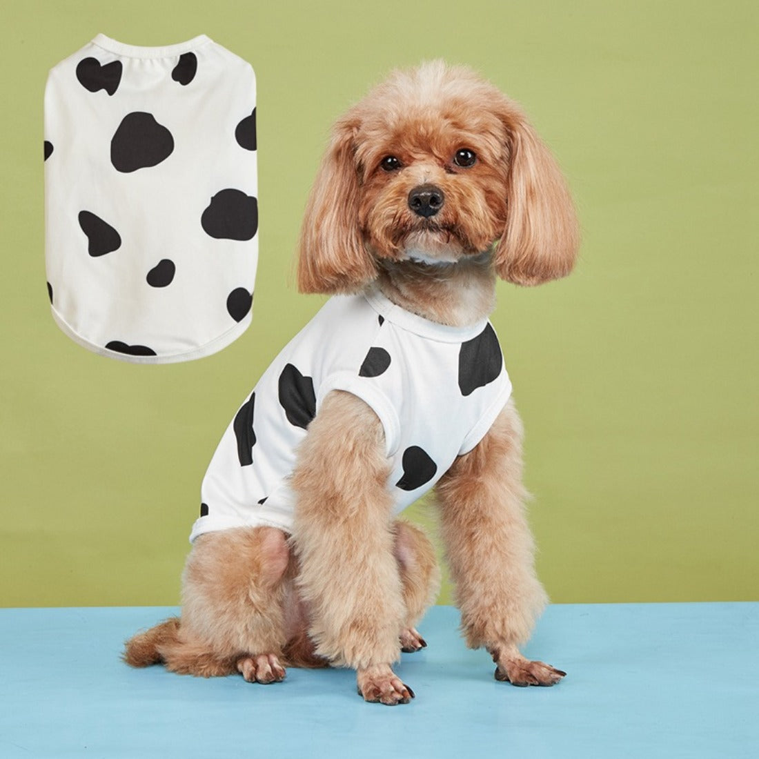 Close-up of Ozzie dog t-shirt fabric and paw print design