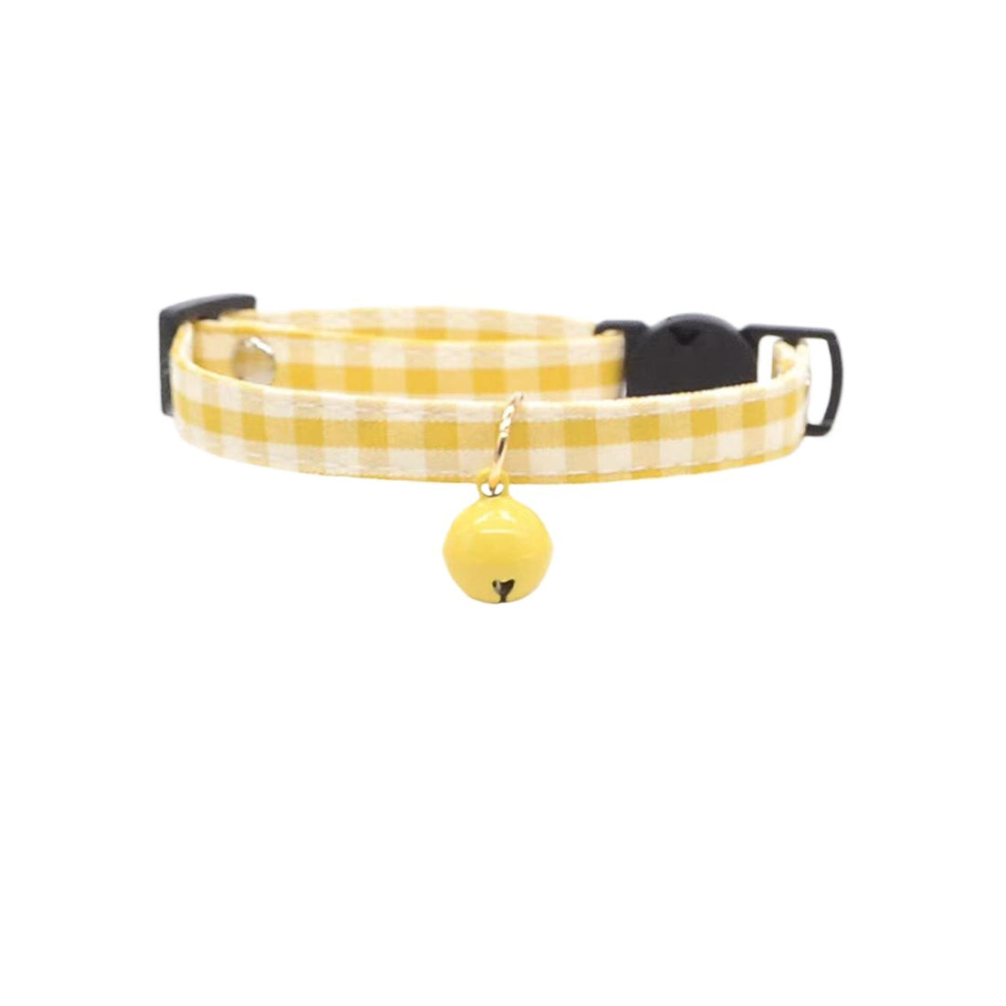 Mokka gingham cat collar laid flat showing black plastic buckle and adjustable strap