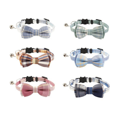 Mokka Everyday plaid bow cat collar with bell displayed on white background