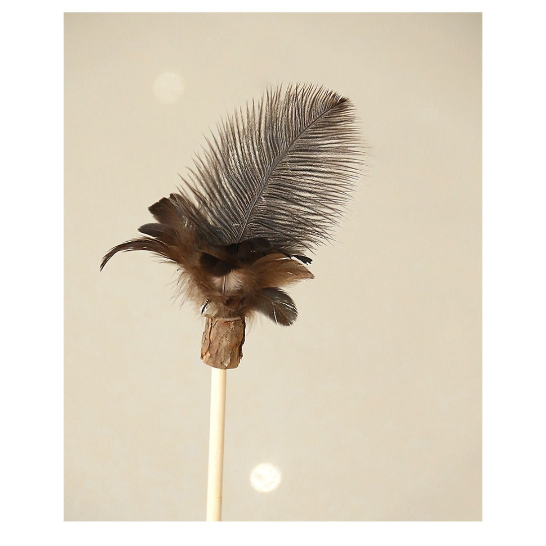 Moo Interactive Feather Wand Cat Toy with vibrant feathers attached to a wooden wand