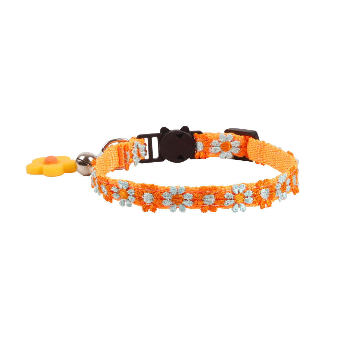 Detailed view of colorful daisy pattern on Mokka cat collar strap