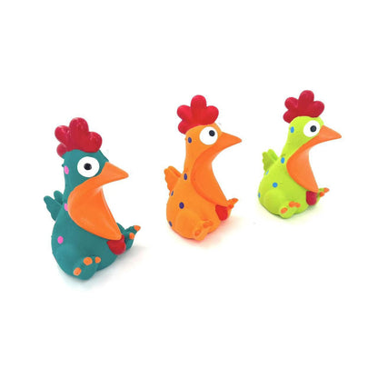 Close-up of Petkin colorful chicken squeaky dog toy showing bright colors