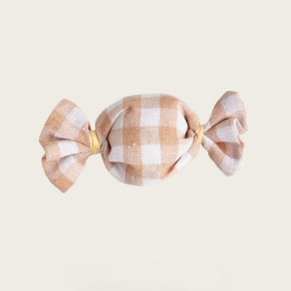 Moo gingham candy shape cat toy with visible tag and detailed fabric pattern