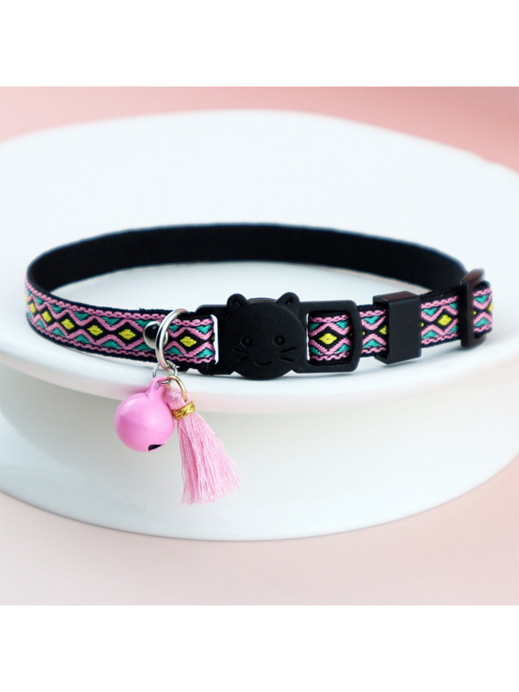 Mokka Boho pattern adjustable cat collar displayed with matching leash accessory