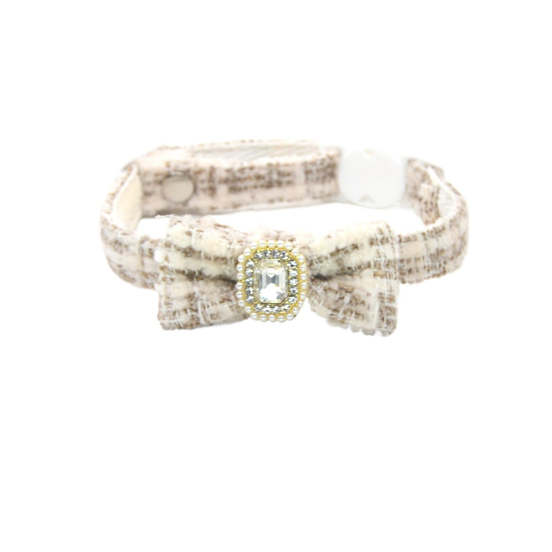 Side view of Mokka Tweed Gem Bow Cat Collar highlighting bow and gem embellishment