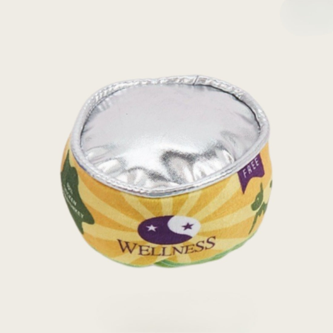 Moo canned cat toy next to a cat showing size comparison
