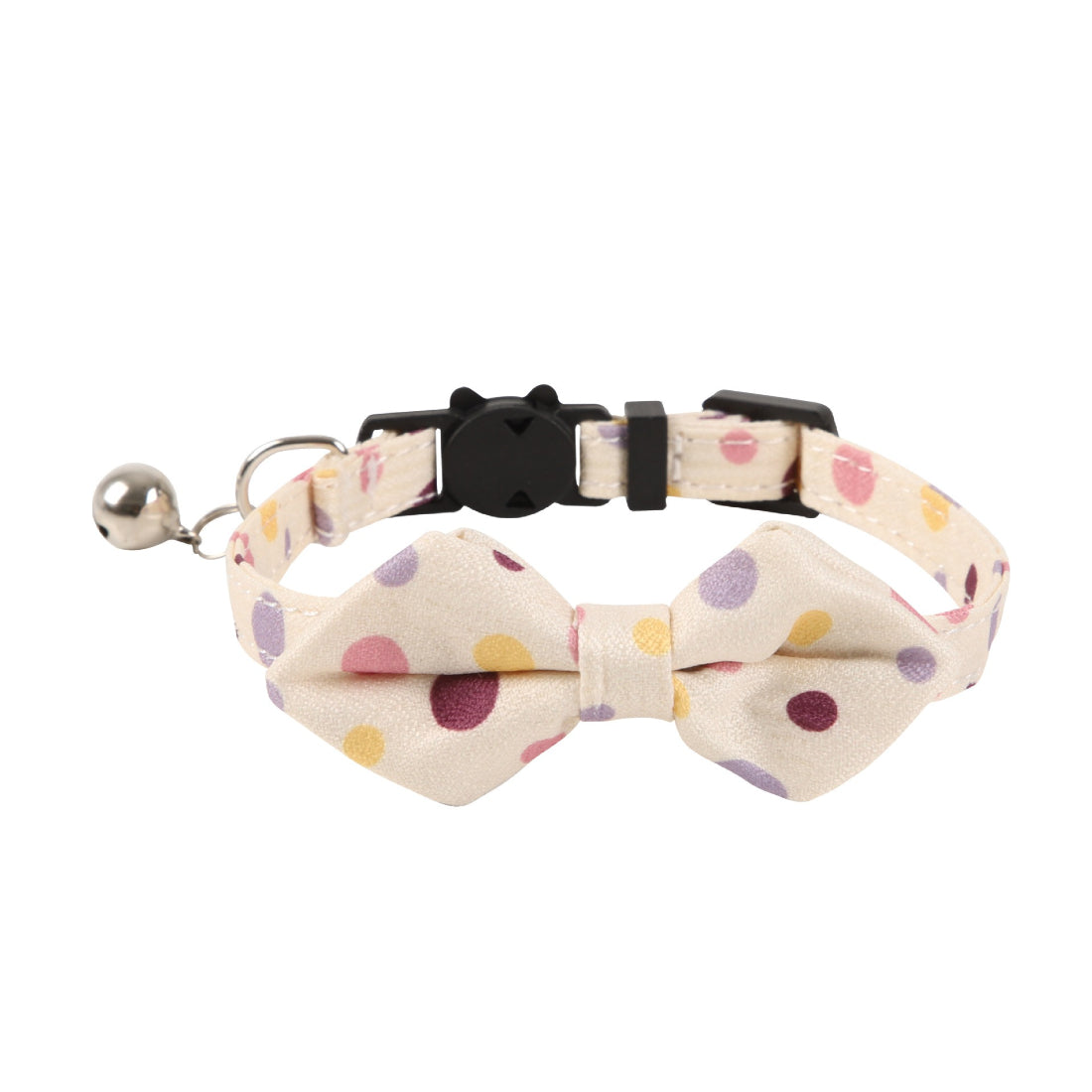 Mokka cat collar with vibrant multicolor dots and a decorative bow for cats