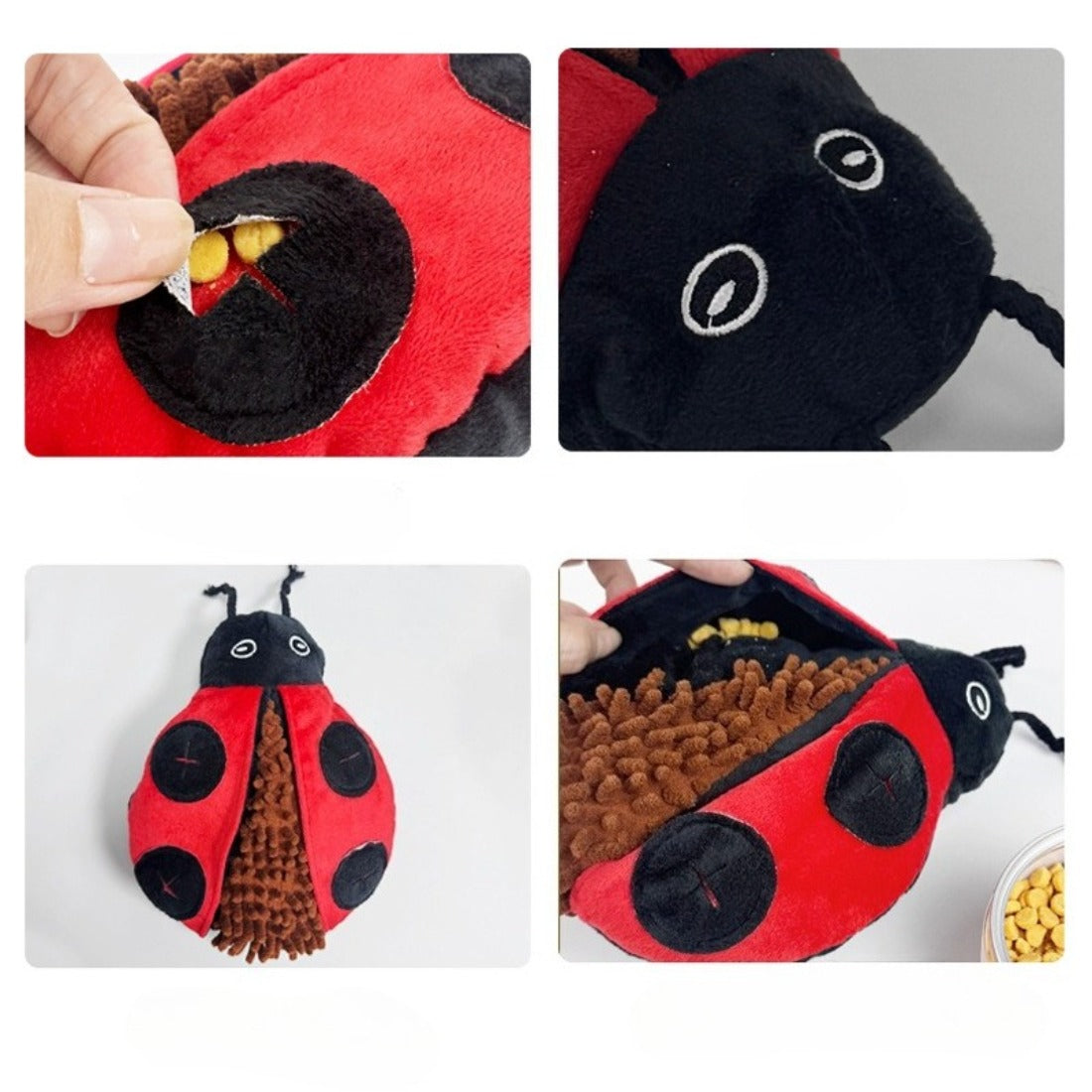Dog interacting with Snuffy plush toy, sniffing to find hidden treats