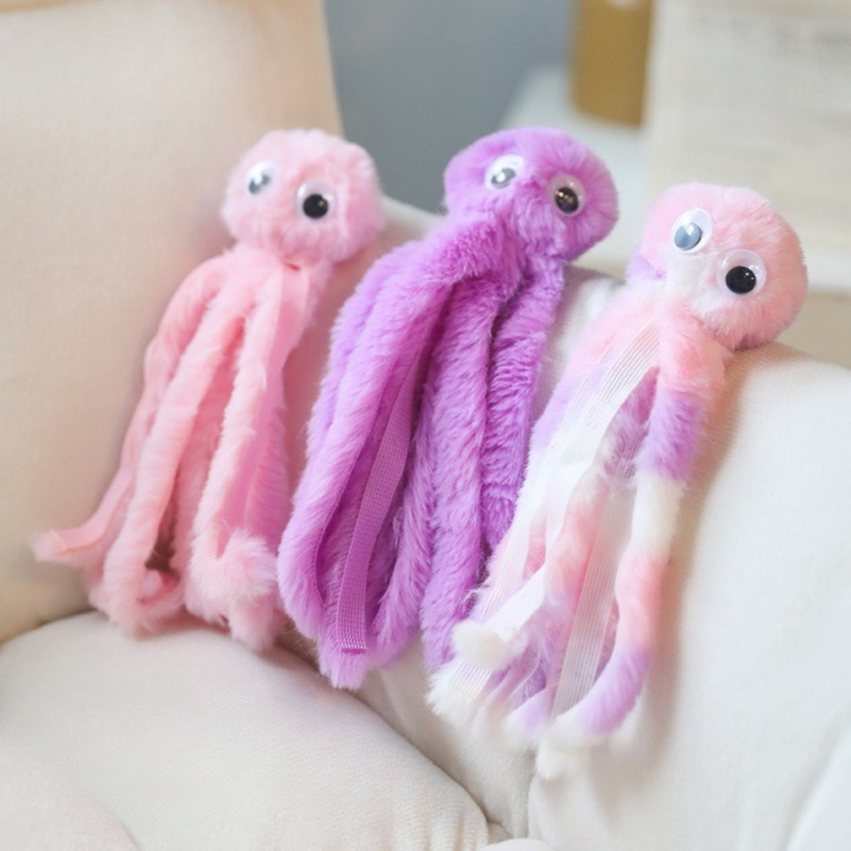 Close-up of Petkin plush octopus cat toy showing soft fabric texture