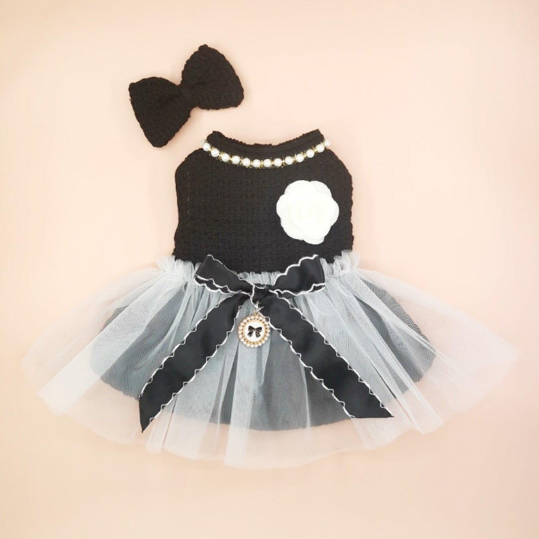 Back view of Ozzie pet dress highlighting bow accent and tulle layers