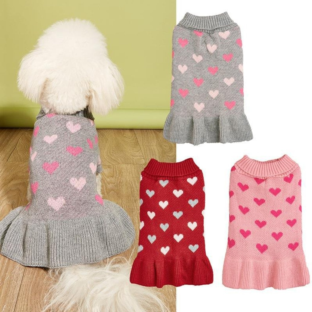 Ozzie - Heart Pattern Ruffle Hem Dog Sweater Dress