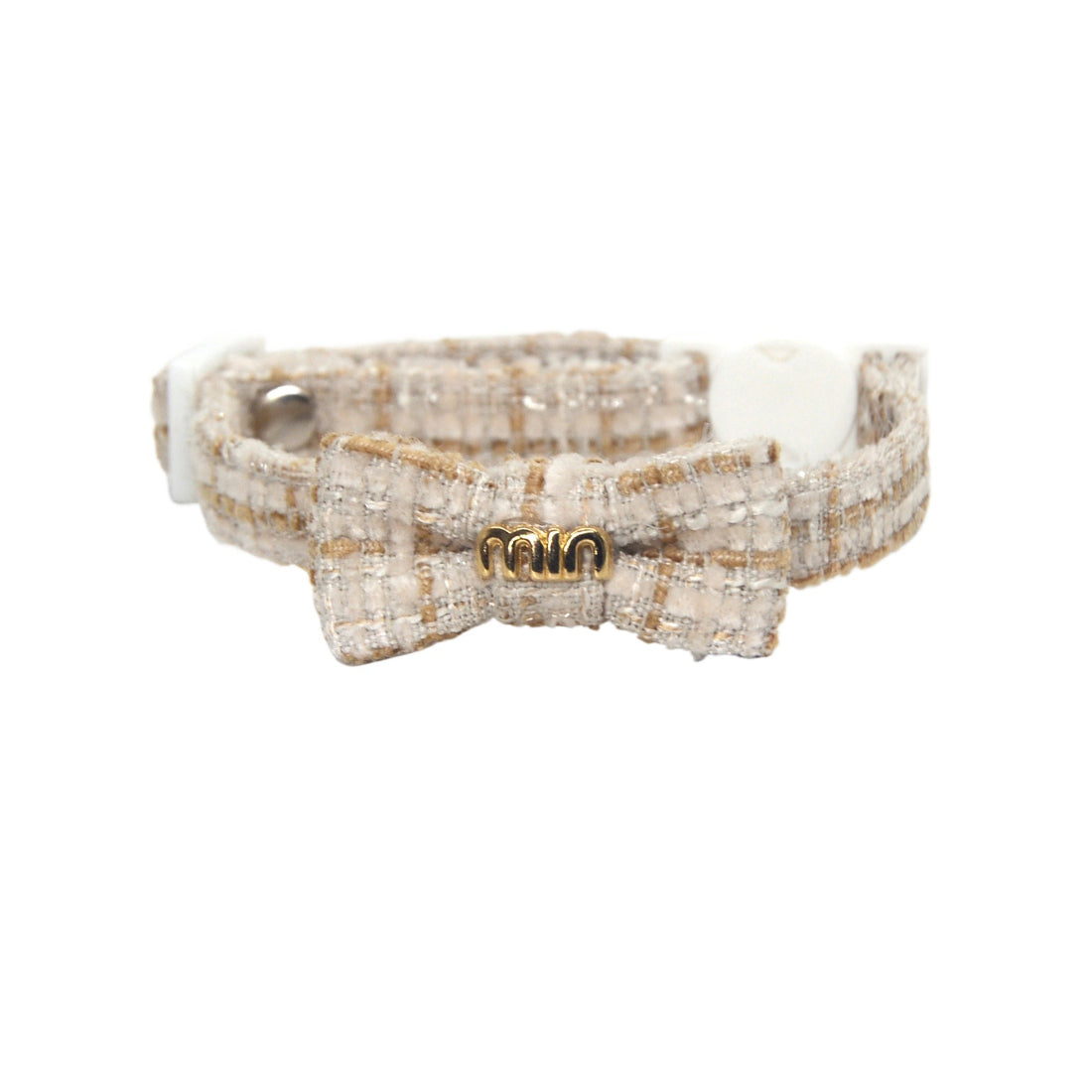 Mokka cat collar with textured bow displayed flat showing full length and clasp