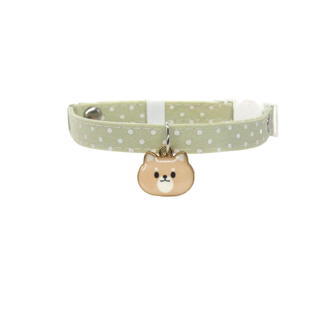 Pink collar with Mokka cat face charm and bell shown on white background