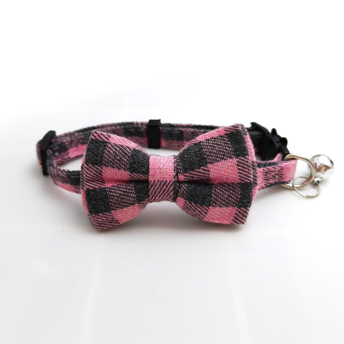 Mokka check bow tie cat collar displayed flat showing pattern and bow detail
