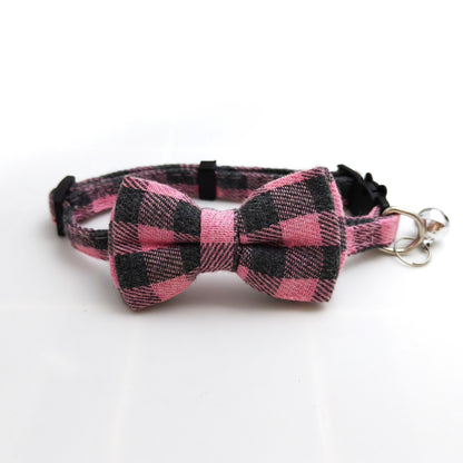 Mokka check bow tie cat collar displayed flat showing pattern and bow detail