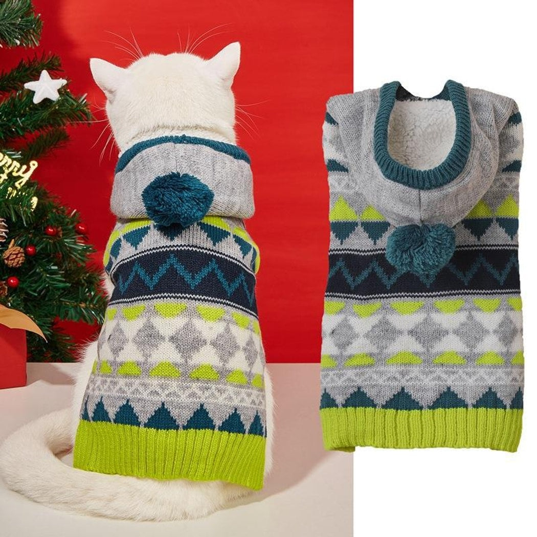 Ozzie - Hooded Pom Pom Geometric Pattern Dog Sweater