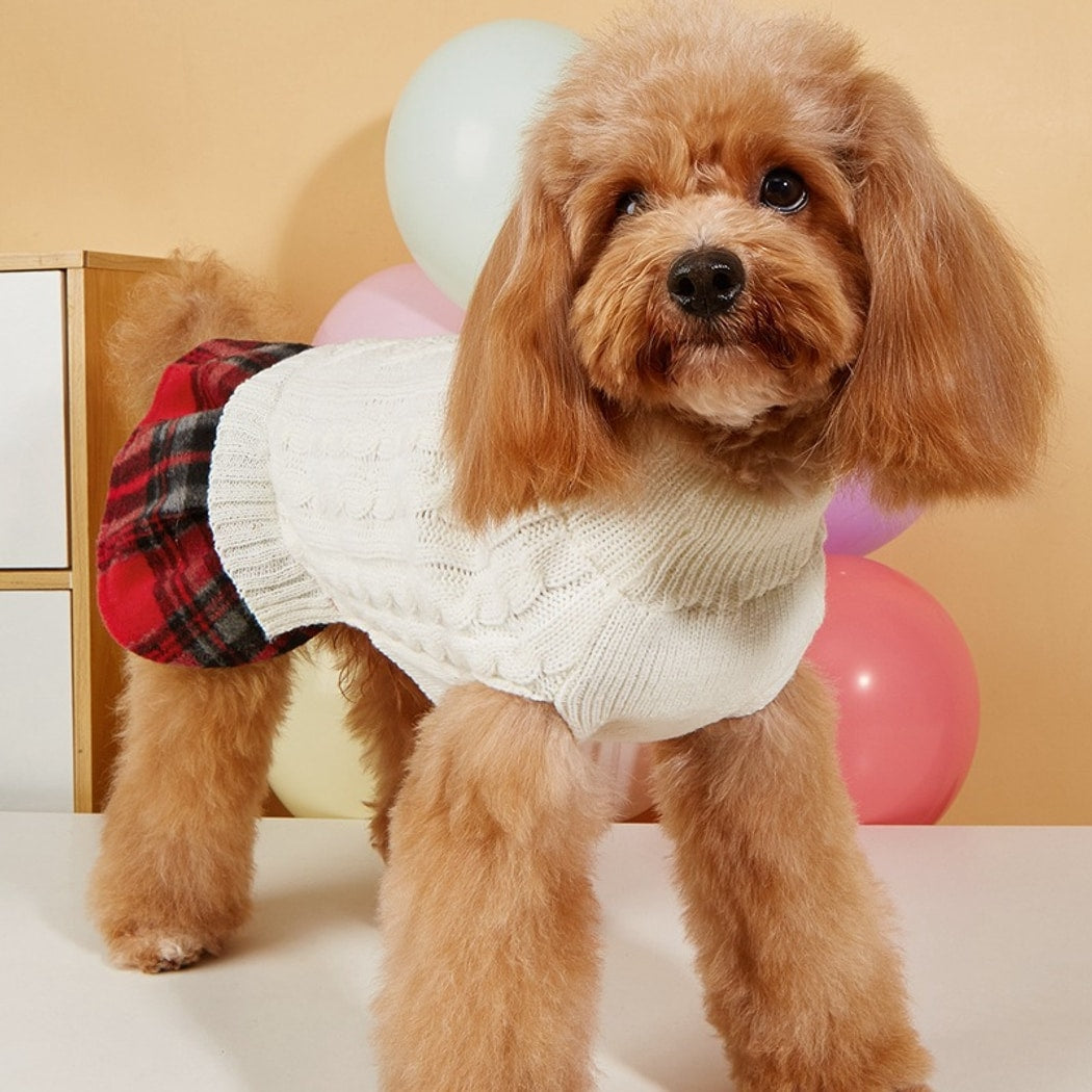 Ozzie - White Cable Dog Dress with Plaid Skirt