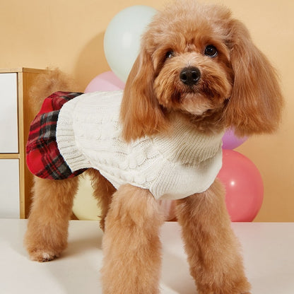 Ozzie - White Cable Dog Dress with Plaid Skirt