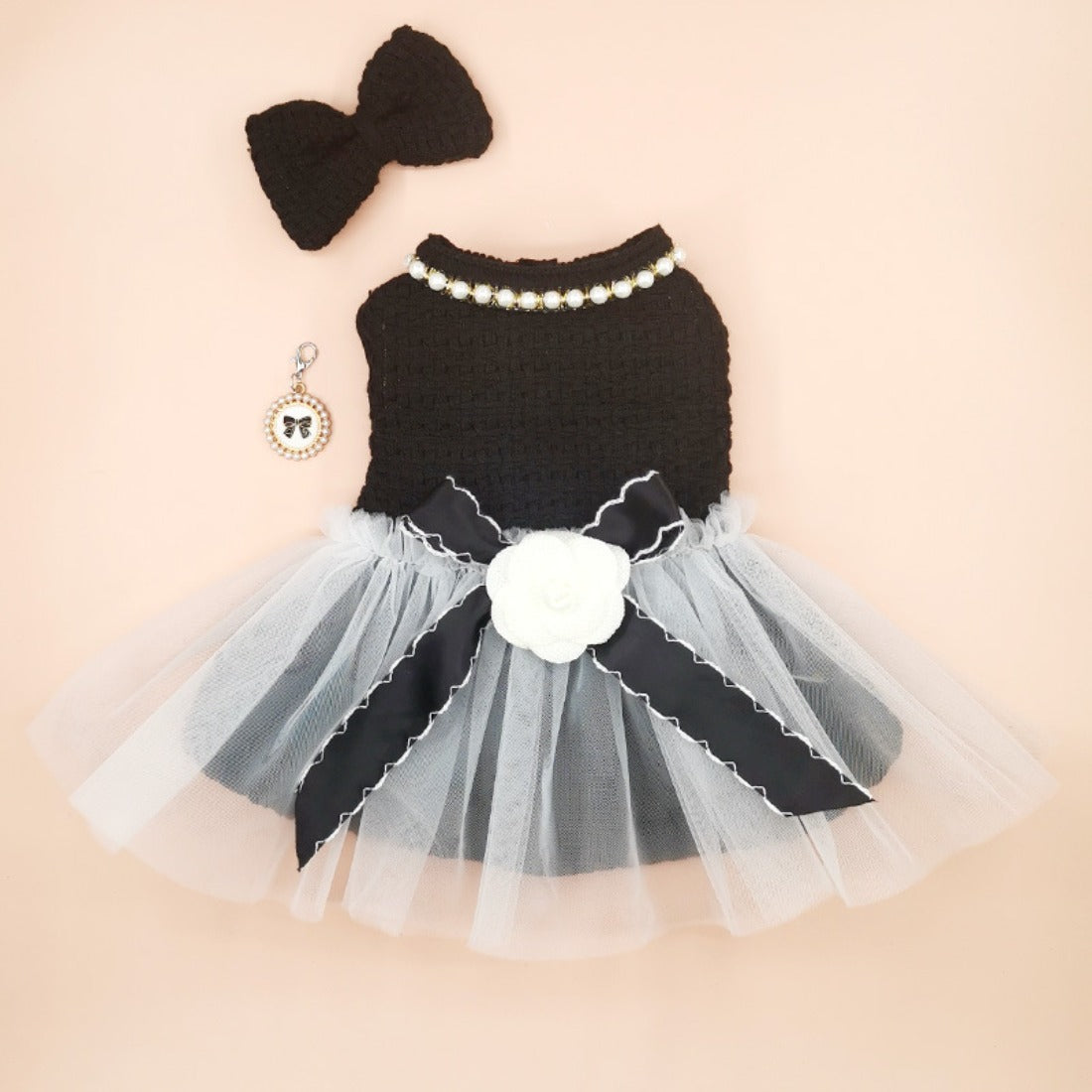 Close-up of bow detail on Ozzie princess tulle pet dress