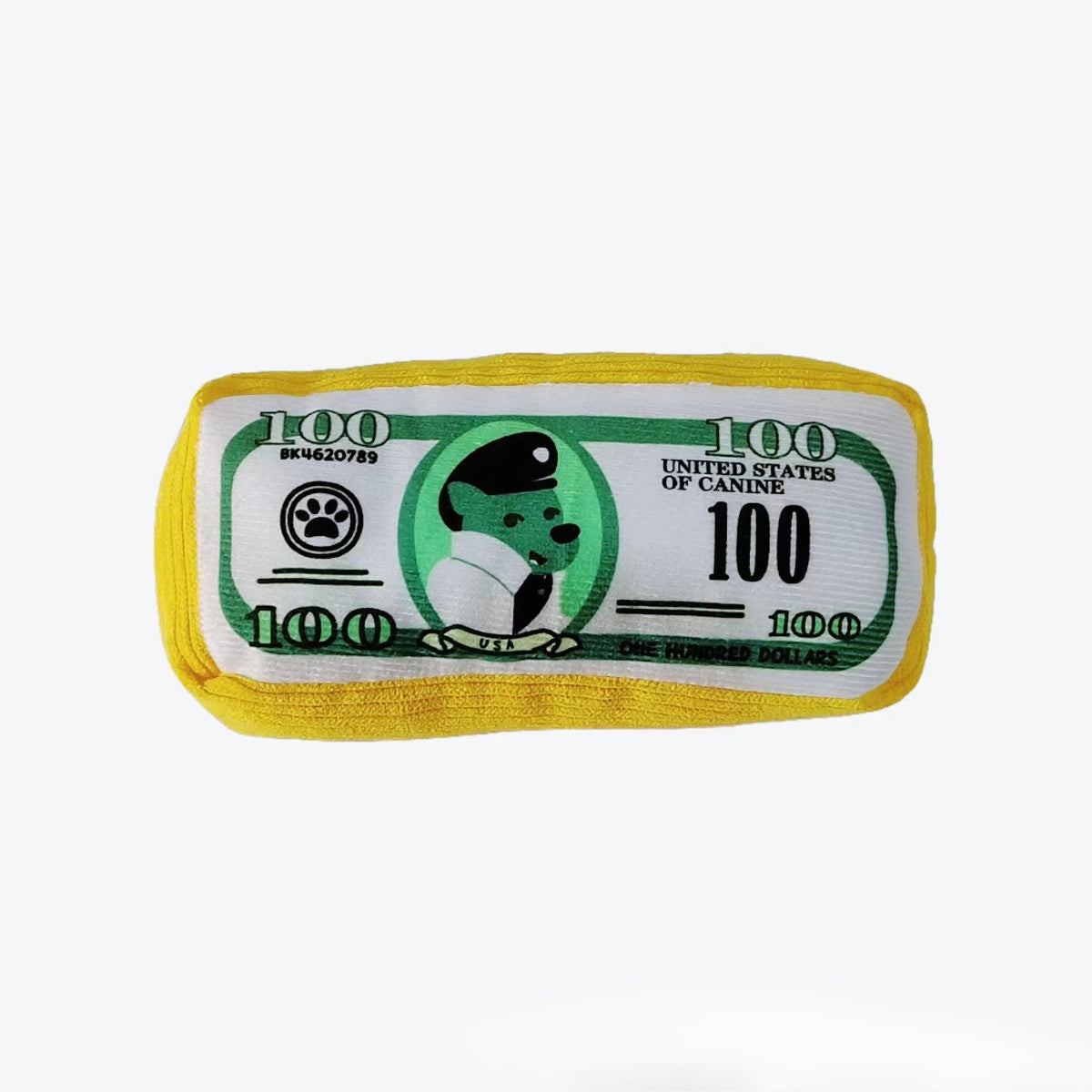 Close-up of Petkin plush money stack dog toy showing detailed stitching and fabric texture
