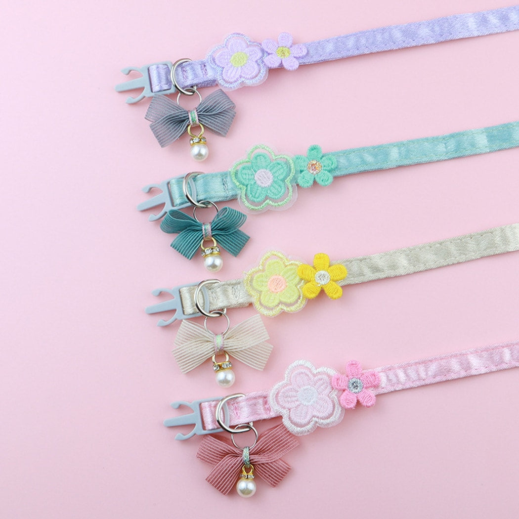 Mokka - Embroidered Floral Bow Detail Cat Collar