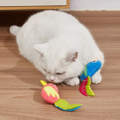 Moo bright bird plush toy shown from side angle for cats