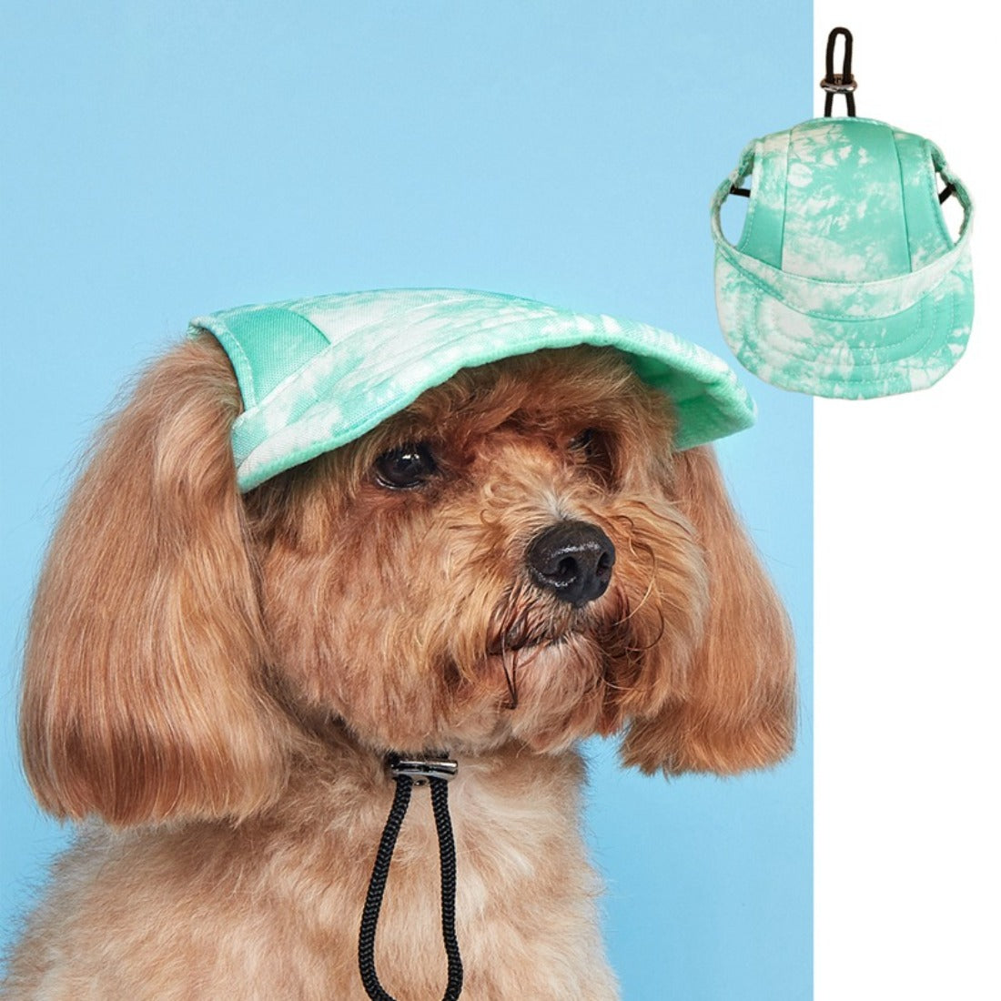 Close-up of tie-dye pattern on Ozzie dog baseball cap fabric
