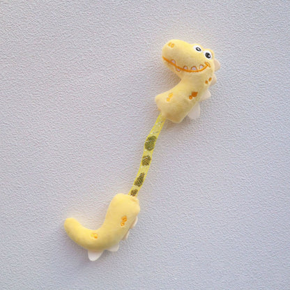 Moo Dinosaur cat toy lying flat showing full body shape and shimmer effect