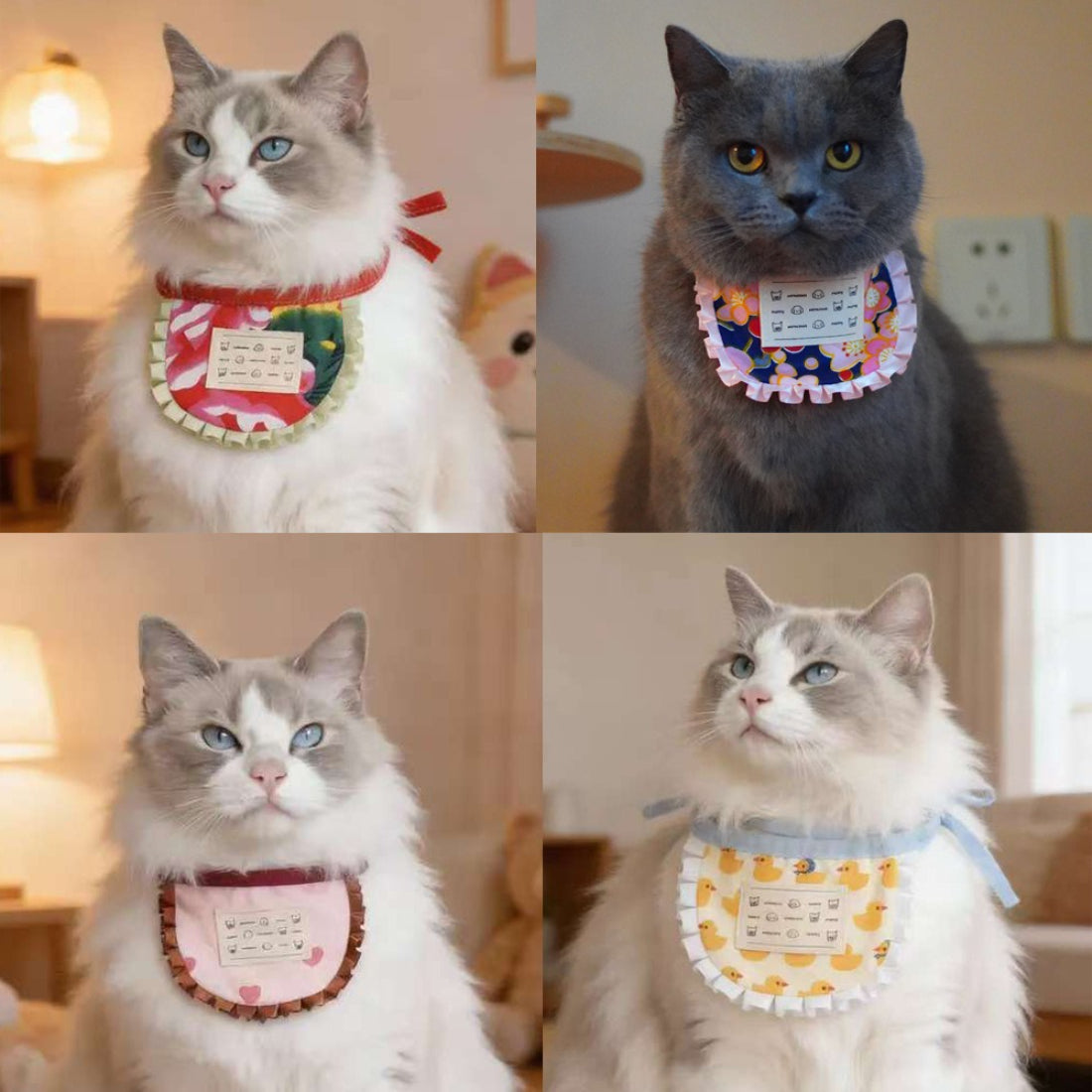 Mokka printed ruffle cat bib displayed flat showing colorful pattern and ruffled edges