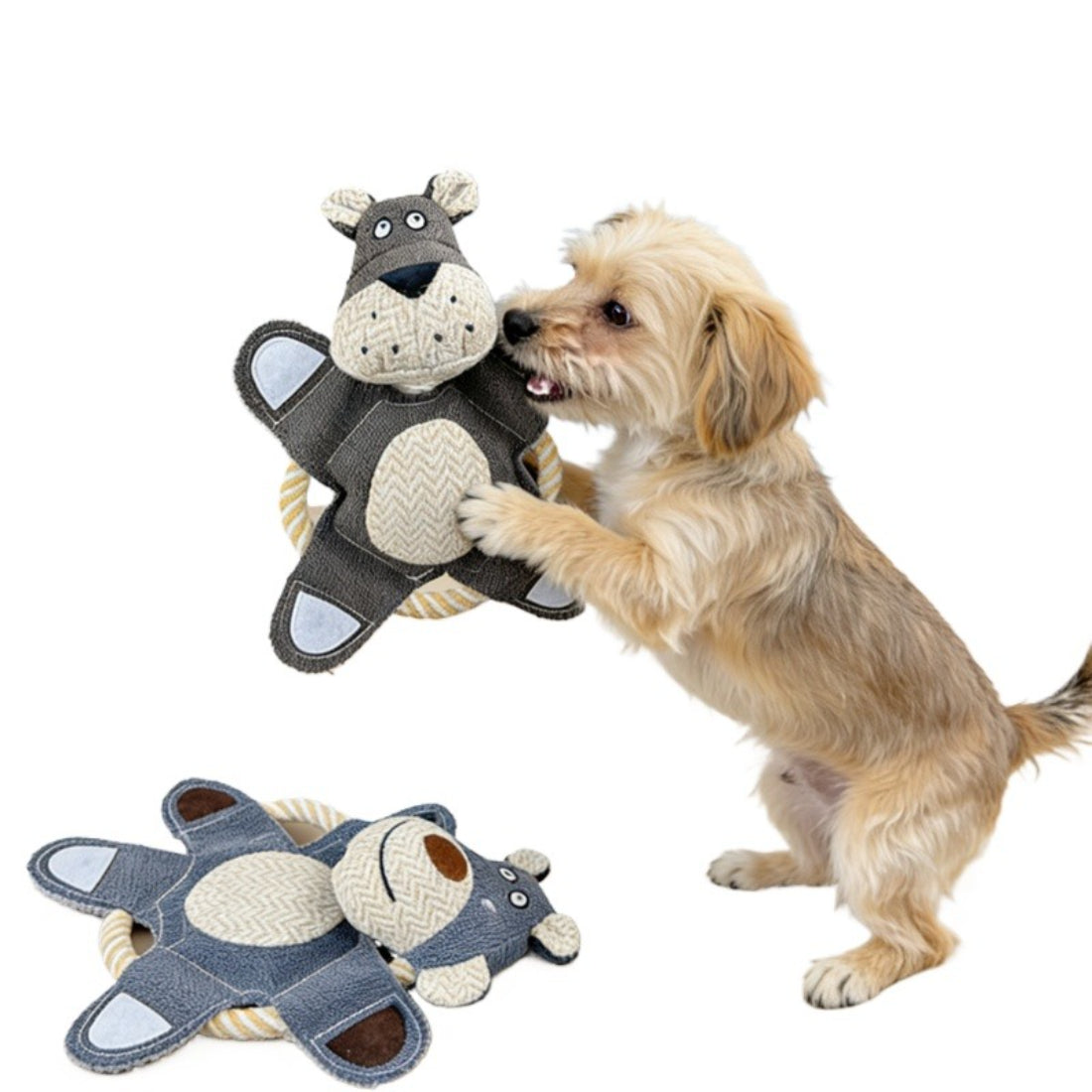 Close-up of Petkin Cow plush head attached to rope dog toy