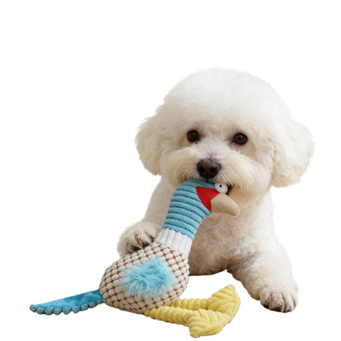 Side view of Petkin duck plush dog toy highlighting long legs and orange feet
