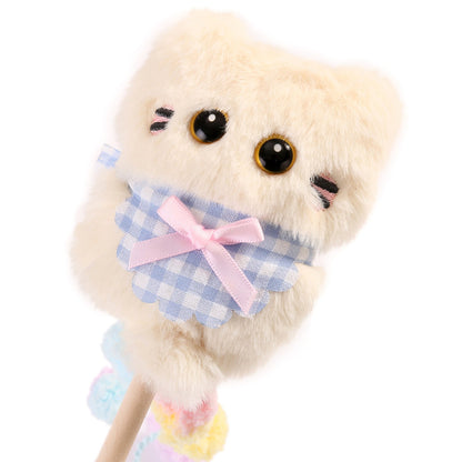 Moo plush cat teaser wand toy held by a hand demonstrating size and flexibility