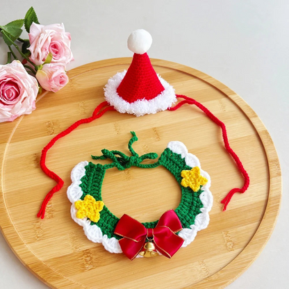 Mokka - Christmas Crochet Hat and Bow Pet Collar