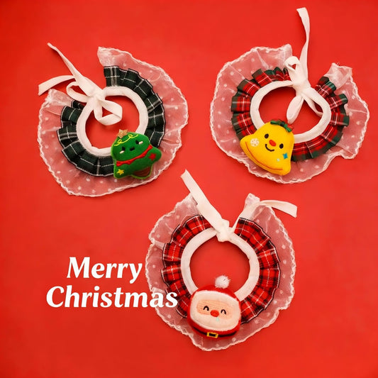 Christmoo - Cartoon Plaid Lace Trim Cat Christmas Collar