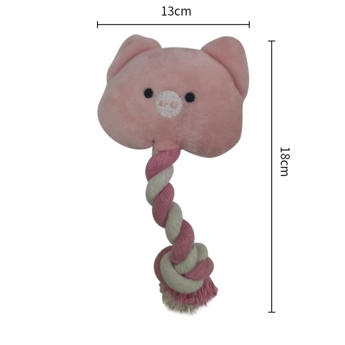 Side view of pink pig rope dog toy highlighting durable braided rope body
