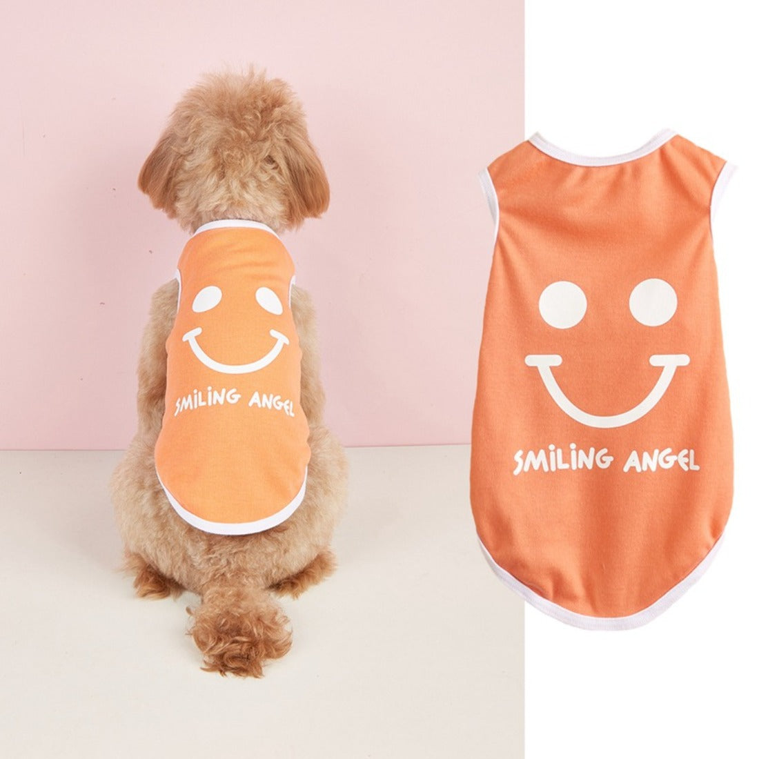 Close-up of Ozzie smiley print dog tank top fabric and design