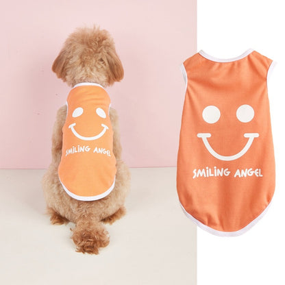 Close-up of Ozzie smiley print dog tank top fabric and design