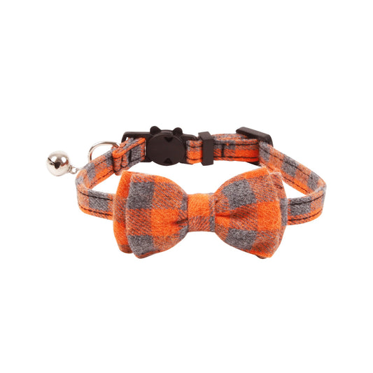 Mokka plaid bow tie cat collar with bell displayed on white background