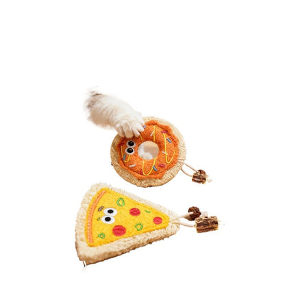 Moo Pizza and Donut Loofah Cat Toy set with pizza slice and donut shapes