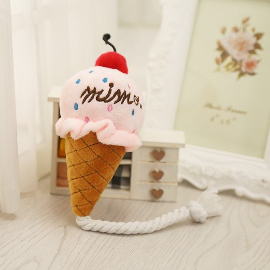Close-up of Petkin Ice Cream Plush Rope Dog Toy showing soft plush ice cream and durable rope