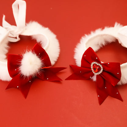 Christmoo - Red Bow Pom Detail Decorative Cat Collar