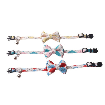 Close-up of Mokka Argyle bow tie cat collar showing pattern details