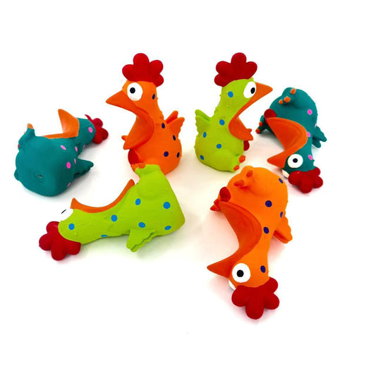 colorful chicken shaped squeaky dog toy by Petkin on white background