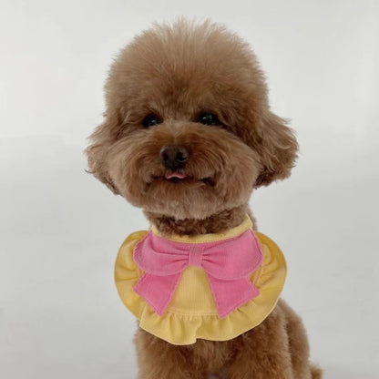 Side view of Mokka pet bandana showing ruffle and bow design